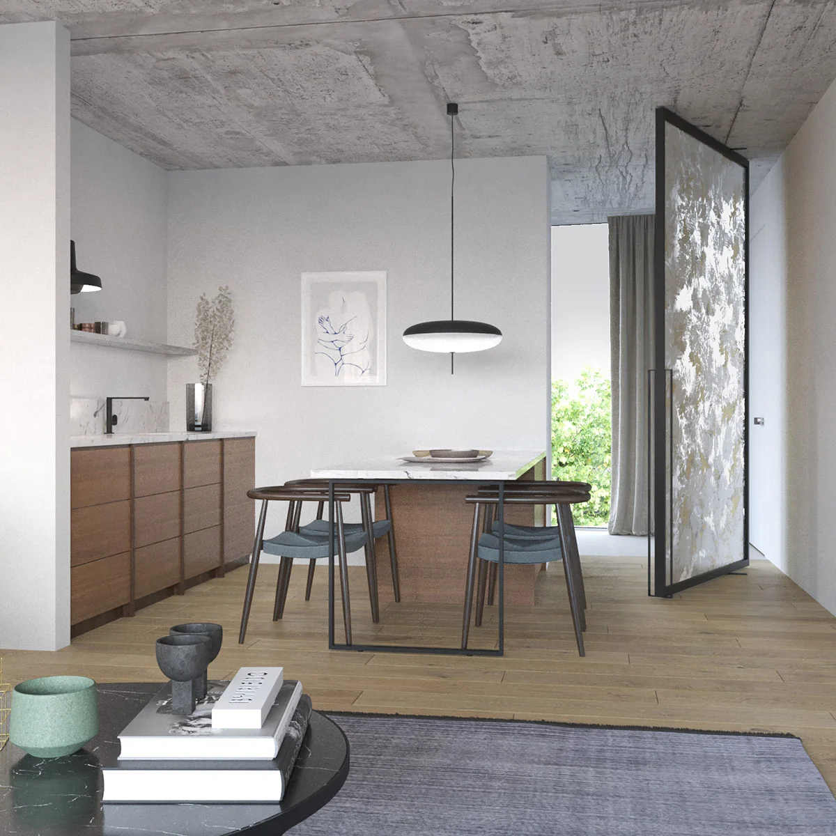Pivottür mit Ornamentglas zwischen Küche und Essbereich